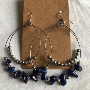 Blue Silver Gemstone Chip Double Oval Hoop Earrings